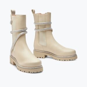 René Caovilla White Leather Cleo Mid-Calf Biker Boots
